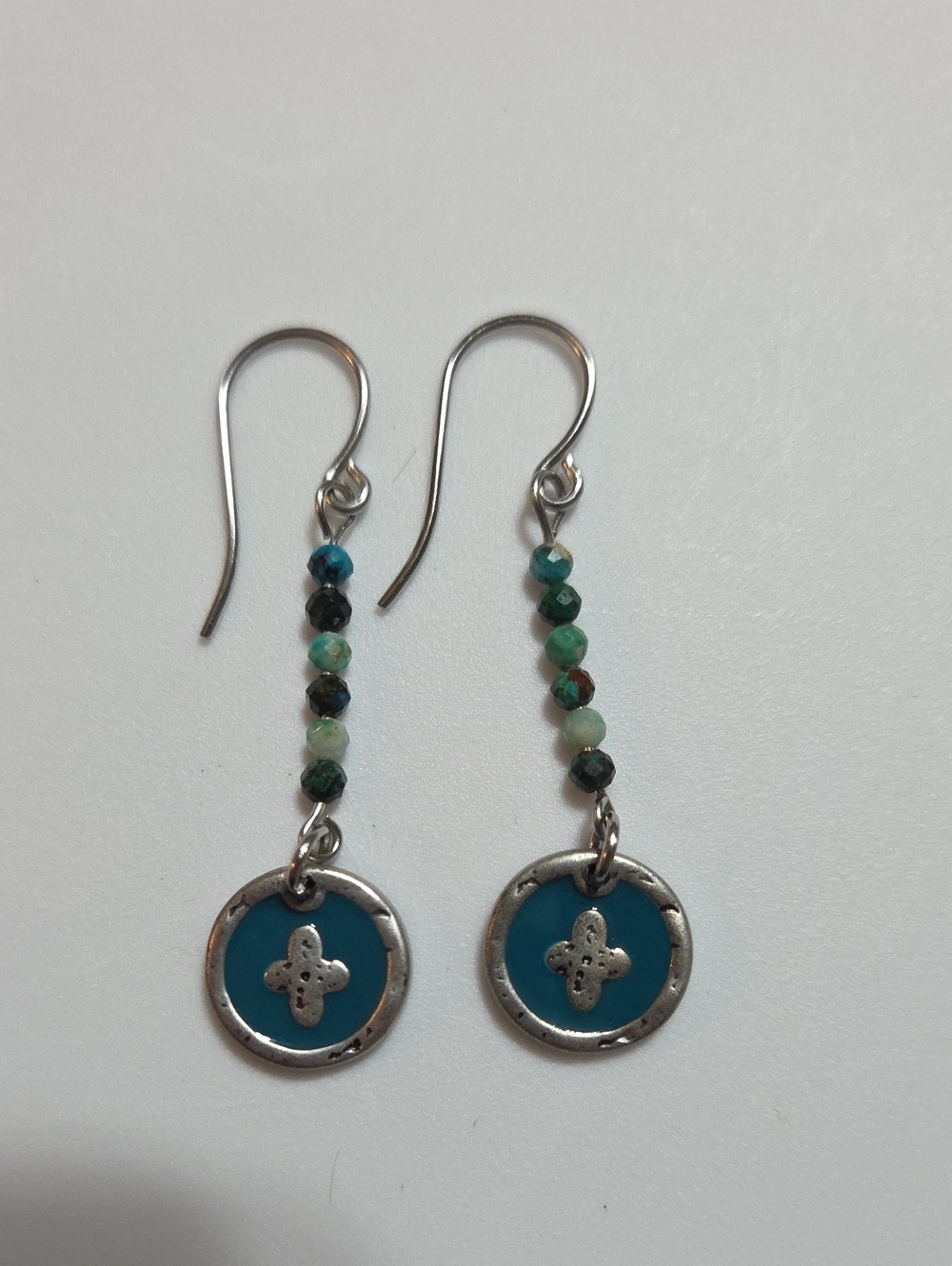 Handmade Chrysocolla Dangle Earrings Stainless‎ Steel Blue Enamel Charms